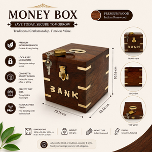 Luxury Indian Rosewood Wooden Money Bank <b>Box</b> with Brass Inlay Lock and Key Savings Coin <b>Storage</b> Gift Case Organizer Collection - Product Image 5