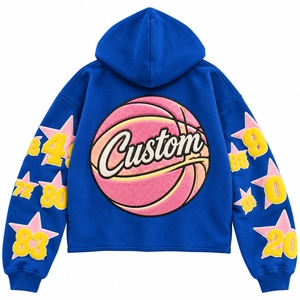 <b>Royal</b> <b>Blue</b> Oversized Hoodie Custom Letter Print Star Number Patch Streetwear Pullover Sweatshirt Unisex 100% Cotton <b>Fleece</b> - Product Image 2