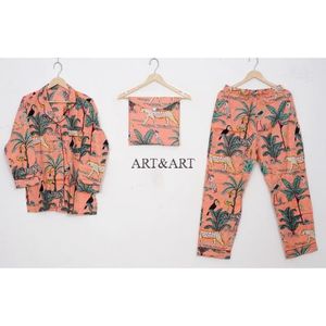 Pyjama unique en coton à col rabattu, imprimé jungle orange, chemise et pantalon à imprimé forêt, ensemble de nuit pour femmes - Product Image 1