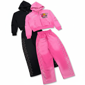 Survêtement rose et noir à capuche pour filles, manches longues, très décoré de strass, style décontracté et streetwear avec poches latérales, style automne - Product Image 1