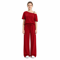 Ensemble pantalon court et haut ample à épaules dénudées en coton 100% uni pour femme, coupe confortable, pantalon long, tenue décontractée assortie, personnalisable
