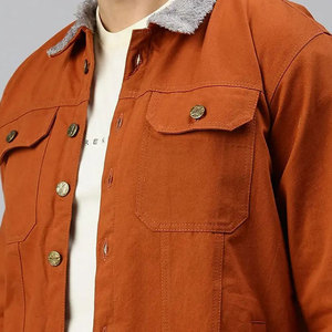 Men's Orange Denim Shirt <b>Jacket</b> Zipper Closure Pink Cuffs Stand Collar Casual <b>Slim</b> <b>Fit</b> Winter Streetwear Windproof 100% Cotton - Product Image 5