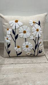 Embroidery Square Cotton Bohemian Home Decorative <b>Cushion</b> <b>Cover</b> with Daisy Floral Meadow and Dark Stem Motifs Anti-Dust Mite - Product Image 1