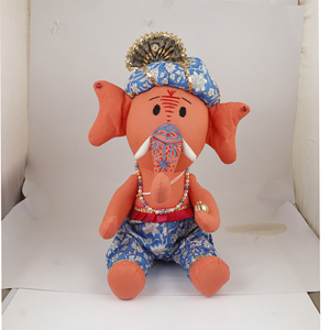 Peluche Ganesha l'Éléphant Orange à vendre – Poupée artisanale douce avec costume floral bleu traditionnel - Product Image 1