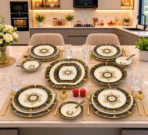 Juego de Vajilla de Cerámica Glam con Diseño de Incrustaciones Doradas, Platos Redondos, Plato Base, Apto para Lavavajillas, Platos para Fiestas - Product Image 1