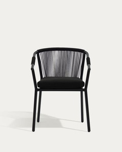 Chaise de salle à manger moderne minimaliste en teck noir écologique de qualité supérieure avec revêtement en similicuir et dossier en corde - Product Image 3