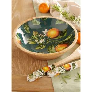 Tazón para servir ensalada de madera de mango hecho a mano con incrustaciones de esmalte impreso y utensilios a juego, tazón decorativo para frutas con diseño de colibrí y flores - Product Image 3