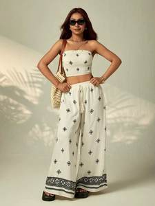 ชุดลำลองผู้หญิง 2 ชิ้น เสื้อยืดแขนยาวและกางเกงขายาว แต่งลูกไม้ลายวินเทจปักลาย สำหรับชุดลำลองประจำวัน - Product Image 2