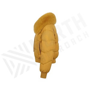 Yellow Quilted Jacket With Fox Fur Collar Full Sleeve Winter Windproof Thick Polyester Filling Short Length Zipper Closure - Product Image 3