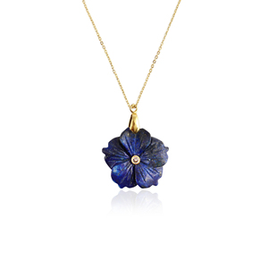Colgante de flor tallado a mano en lapislázuli natural con cristal transparente CZ, cadena de latón chapada en oro de 18k, collar llamativo para mujer. - Product Image 1