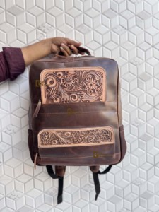 Western Pattern Genuine Hand <b>Tooled</b> Carving Leather Stylish <b>Backpack</b> School Bags Unisex Beautiful Designer Bag Multi Use Bag - Product Image 1