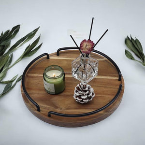 Most Selling Round Wooden Serving Tray with Iron Handles <b>Medium</b> <b>Brown</b> Decorative Coffee Table Tray for Export Sale - Product Image 6