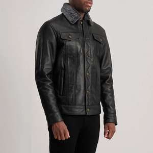 Men's Genuine Leather Moto Jacket Turn-down Collar Button Closure Faux <b>Fur</b> Lining Windproof Slim Fit Winter Wear Solid Color - Product Image 3