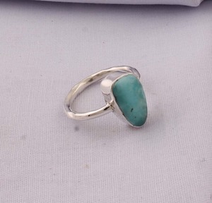 Wholesale Classic 925 Sterling Silver Natural Larimar <b>Ring</b> Freeform Gemstone Cabochon Bezel Set <b>Plain</b> Band Solitaire <b>Ring</b> - Product Image 2