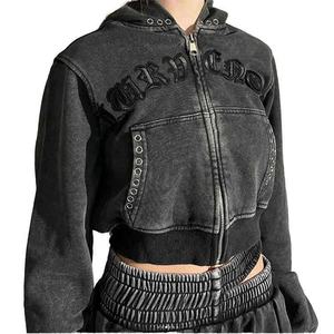 Ensembles haut court à capuche personnalisé pour femmes Vintage Wash/stone Wash/acid Wash sweat à capuche survêtement pantalon à jambe droite et broderie plate - Product Image 2