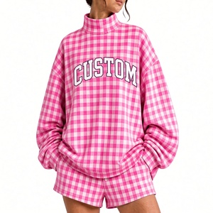 Conjunto de 2 piezas a cuadros amarillos para mujer, sudadera de cuello alto con estampado de letras, corte holgado, informal, para primavera y verano - Product Image 3