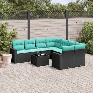 Set di divani da giardino in polyrattan nero da 9 pezzi con cuscini, eleganti mobili da esterno - Product Image 1