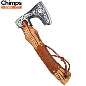 Hache Viking artisanale Chimps International en acier à haute teneur en carbone, gravée, avec manche en bois sculpté et enveloppe en cuir, 14 pouces - Product Image 1