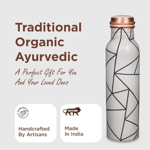 Geometric Line Print Pure Copper Water <b>Bottle</b> White Enamel Coated Printed Copper <b>Flask</b> for Modern Aesthetic - Product Image 4
