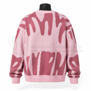 Pink Oversized Knit Pullover Crewneck <b>Sweater</b> with Abstract Print Unisex Autumn Wear Regular Fit Acrylic Material - Product Image 2