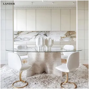 Lander Stone Mesa de centro artística em travertino, mesa central com base em mármore, mobília moderna e luxuosa para sala de estar, conjunto de mesa console