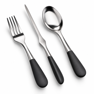Ensemble de couverts en acier inoxydable trois pièces avec poignées ergonomiques noires mates | Collection de couverts en argent de qualité supérieure pour modèle - Product Image 1