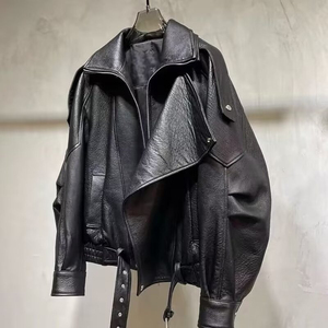 HARAZ INTERNATIONAL Blouson de moto en cuir véritable pour homme, col rabattable, fermeture éclair, design ceinturé, style automne, coupe classique - Product Image 5