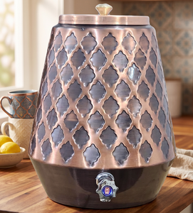 Antique Embossed <b>Metal</b> Water Dispenser Matka with Tap – Premium Copper/Bronze Finish Decorative Beverage Pot - Product Image 1