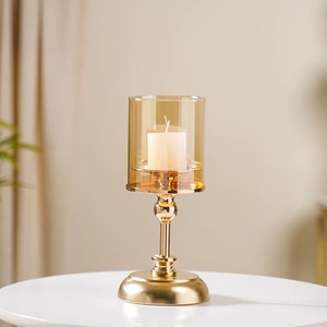 Luxury Gold Plated <b>Candle</b> Holder <b>Set</b> Of 3 With An Amber Glass Hurricane Elegant Tabletop Decor For Weddings Homes And Events - Product Image 2