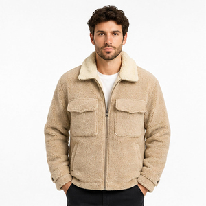 Custom <b>Mens</b> Beige Sherpa Trucker <b>Jacket</b> Turn-down Collar Double Chest Flap Pockets Full Zip Casual <b>Thick</b> Winter <b>Fleece</b> Outerwear - Product Image 1
