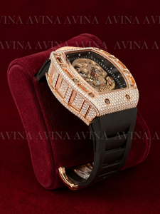 Reloj de Lujo con Esfera de Moissanita para Hombre, Totalmente Cubierto de Diamantes, Oro Rosa, Mecánico Automático, Correa de Goma Negra, Caja Tonneau - Product Image 3