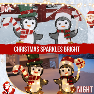 Set di 2 Decorazioni Natalizie a Forma di Pinguino con Bastoncini Luminosi, 80 LED Bianco Caldo Pre-illuminati, Decorazioni 2D per le Feste in Poliestere per Natale - Product Image 6