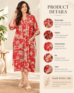 Kimono de Algodón Estampado a Mano con Flores Rojas, Cuello en V, Ropa de Dormir con Bolsillos y Cordón Ajustable, Manga Larga, Ropa de Estar por Casa de Primera Calidad para Mujer - Product Image 5