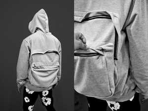 Collection limitée « RETROUVEZ L'ÉCOLE » / Sweat à capuche gris unique avec sac à dos intégré / Pull à capuche avec rangement dissimulé - Product Image 4