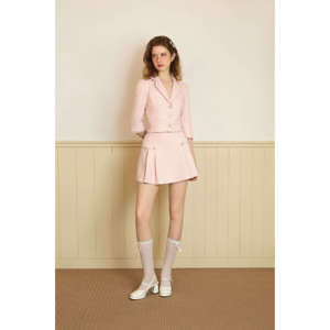 Nouvelle conception KS43, taille haute, manches régulières, col à revers, tweed épais rose pastel, mini robe Vietnam SERENA, ensemble robe en tweed rose pastel - Product Image 2