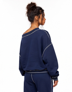 Sweat-shirt ample à épaules dénudées pour femme, personnalisable avec broderie de lettres, en tissu éponge 430 GSM, vente en gros - Product Image 4
