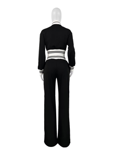 Women Black Striped Tracksuit Set Full Sleeve Turn-<b>down</b> Collar Elastic Waist Autumn Wear Breathable Elegant Style - Product Image 3