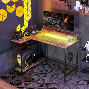 Brown Reversible L-Shaped Home Office PC Desk <b>Corner</b> Desk with <b>Storage</b> MDF Material Featuring Lights Power Outlet USB Ports - Product Image 2