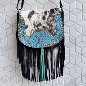 Sac à bandoulière en cuir de style occidental pour femmes, frange en fourrure de vachette de couleur turquoise, sac à main bohème multi-usage, lettre - Product Image 1