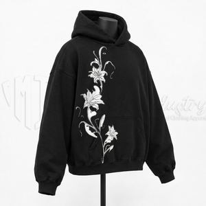 Sudadera con Capucha Negra Extra Grande, Estampado Floral, Bolsillo Delantero, Informal, Unisex, para Otoño, 100% Algodón, Felpa, Corte Regular - Product Image 3