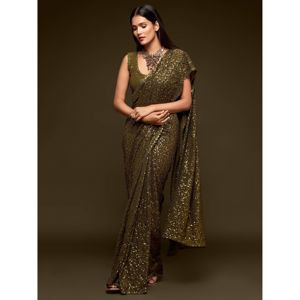 Incroyable Saree à paillettes vert olive avec chemisier - Product Image 5