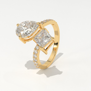 Anillo Aarinya para Mujer, Asimétrico, con Dos Diamantes Cultivados en Laboratorio, Chapado en Oro de 14K, Corte Princesa en Forma de Pera, Certificado IGI, Estilo Toi Et Moi - Product Image 4