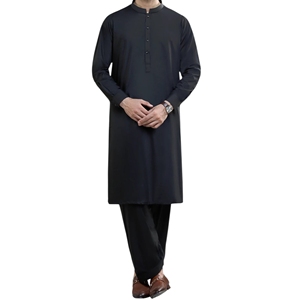 Men's <b>Black</b> Cotton Kurta <b>Pajama</b> <b>Set</b> Knee-Length Regular Fit Traditional Casual Wear India Pakistan Style Wrinkle Free Breathable - Product Image 1
