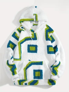 <b>Mens</b> Winter <b>White</b> Geometric Fluffy Hoodie Sherpa Fleece Oversized Fuzzy Warm Pattern Pullover Streetwear Hooded <b>Sweatshirt</b> - Product Image 1