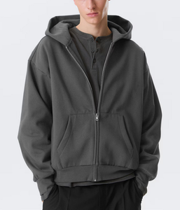 Wholesale High Quality Thick 380 GSM 100% Cotton OEM Custom Logo Fleece Cotton/Poly Blend Men's Oversized Full Zip Hoodies - Product Image 3