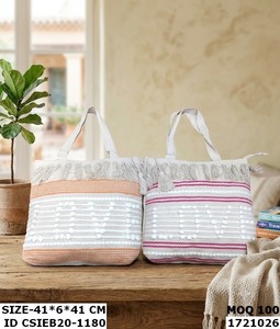 Bohemian Cotton <b>Tote</b> <b>Bag</b> With Tassel Fringe Striped multi Beaded <b>Summer</b> Shopping <b>Bag</b> Open Top Two Handles textured cotton fabric - Product Image 2