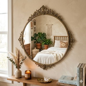 Miroir mural rond en métal avec motif feuille de Ginkgo, design glamour, sans cadre, bord ajustable, moderne et décoratif - Product Image 4