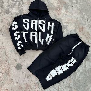 Conjunto OEM con capucha y cremallera lavada con bordado desgastado personalizado para hombre, pantalones de chándal desperdiciados de pierna recta, chándal para invierno - Product Image 1