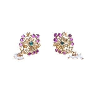 Captivating Floral Design Rubies Emerald Stone Studded <b>Silver</b> 14K Gold Plated Women Ethnic Wear <b>Stud</b> Earring at Wholesale Price - Product Image 1