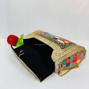 Modern Luxury Antique-Style Ladies Evening <b>Clutch</b> <b>Bag</b> Handmade Mother Pearl Metal Mosaic <b>Gold</b>-Plated Sculpture Multicolor Indian - Product Image 1
